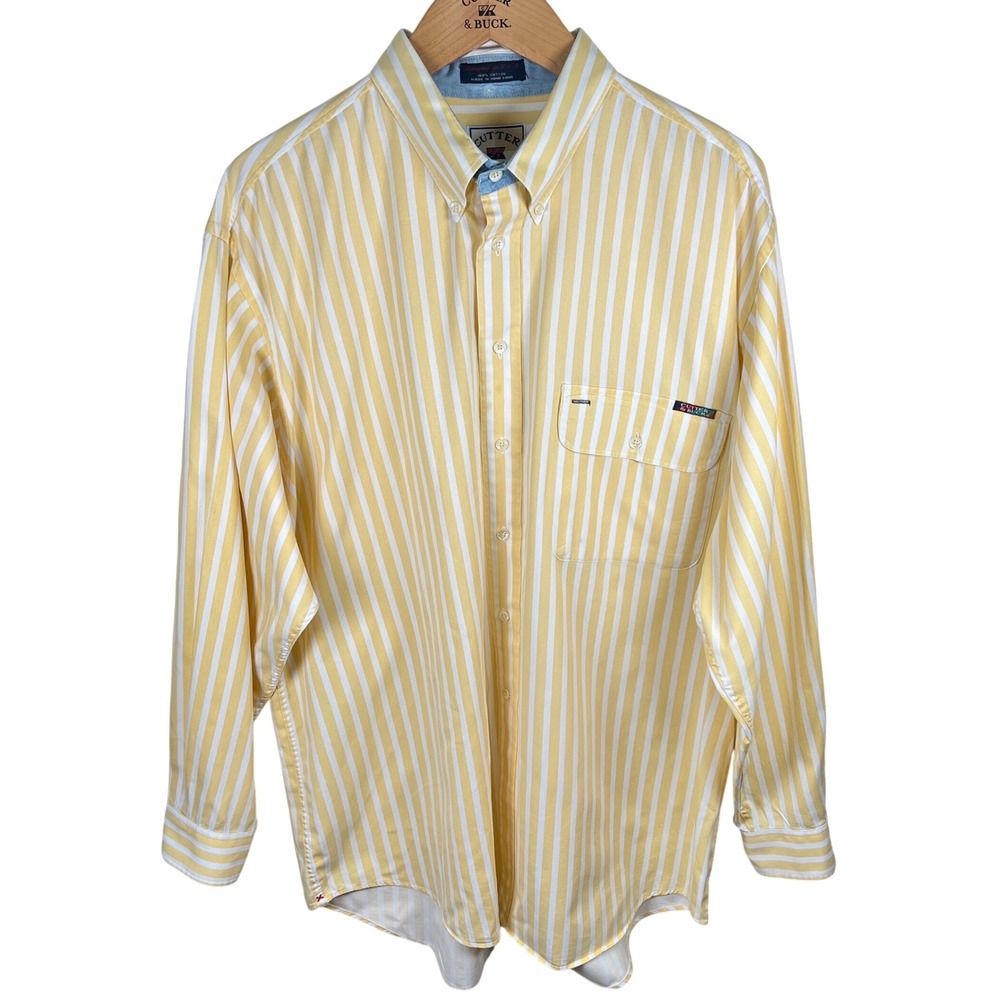 Cutter & Buck Mens XL Yellow White Striped Button Down Shirt Long Sleeve Cotton